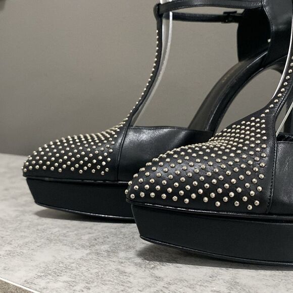 Saint Laurent Paris Black Leather Janis Studded T Strap Platform Pumps Size 37.5 - Picture 7 of 16
